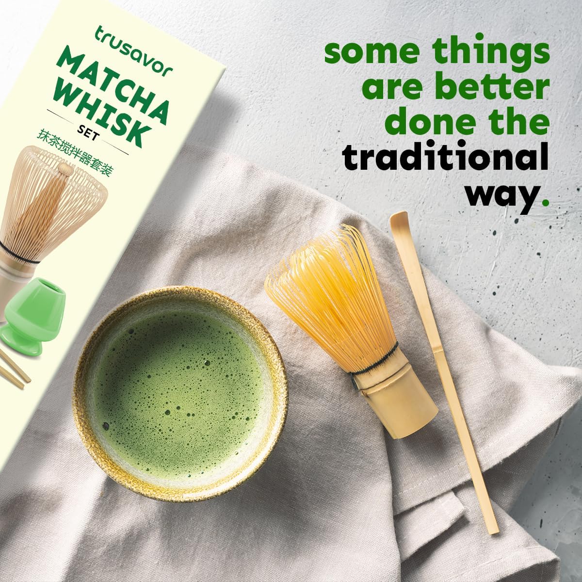 Matcha Whisk Set, Traditional Bamboo Chasen with Stand and Scoop, Green and Natural, Manual Tea Preparation Kit