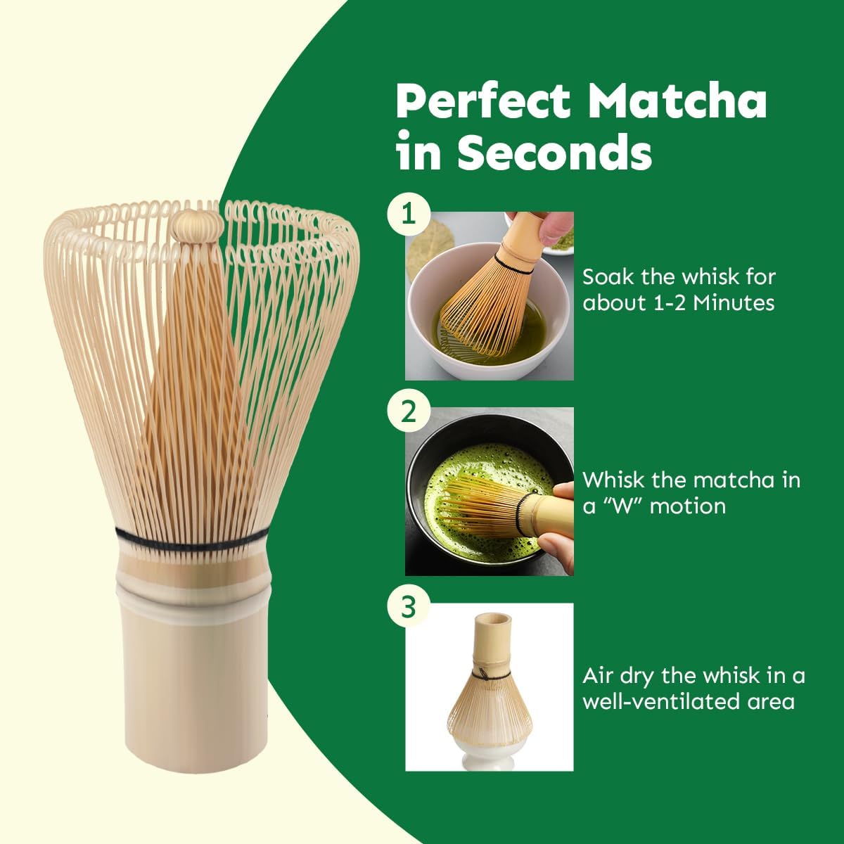 Matcha Whisk Set, Traditional Bamboo Chasen with Stand and Scoop, Green and Natural, Manual Tea Preparation Kit