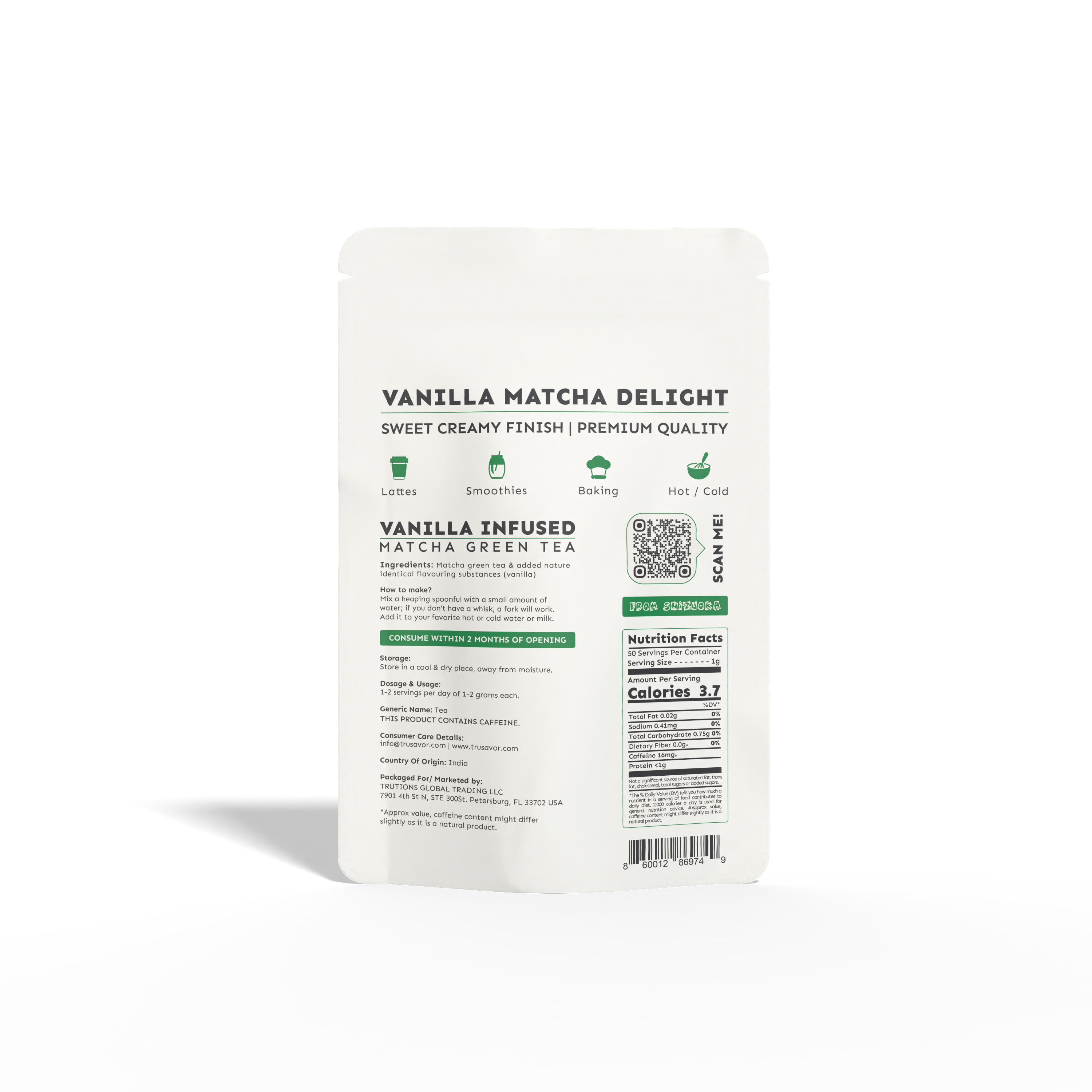 Vanilla Matcha Green Tea Powder | Delicious Vanilla Matcha Latte 50 Gram