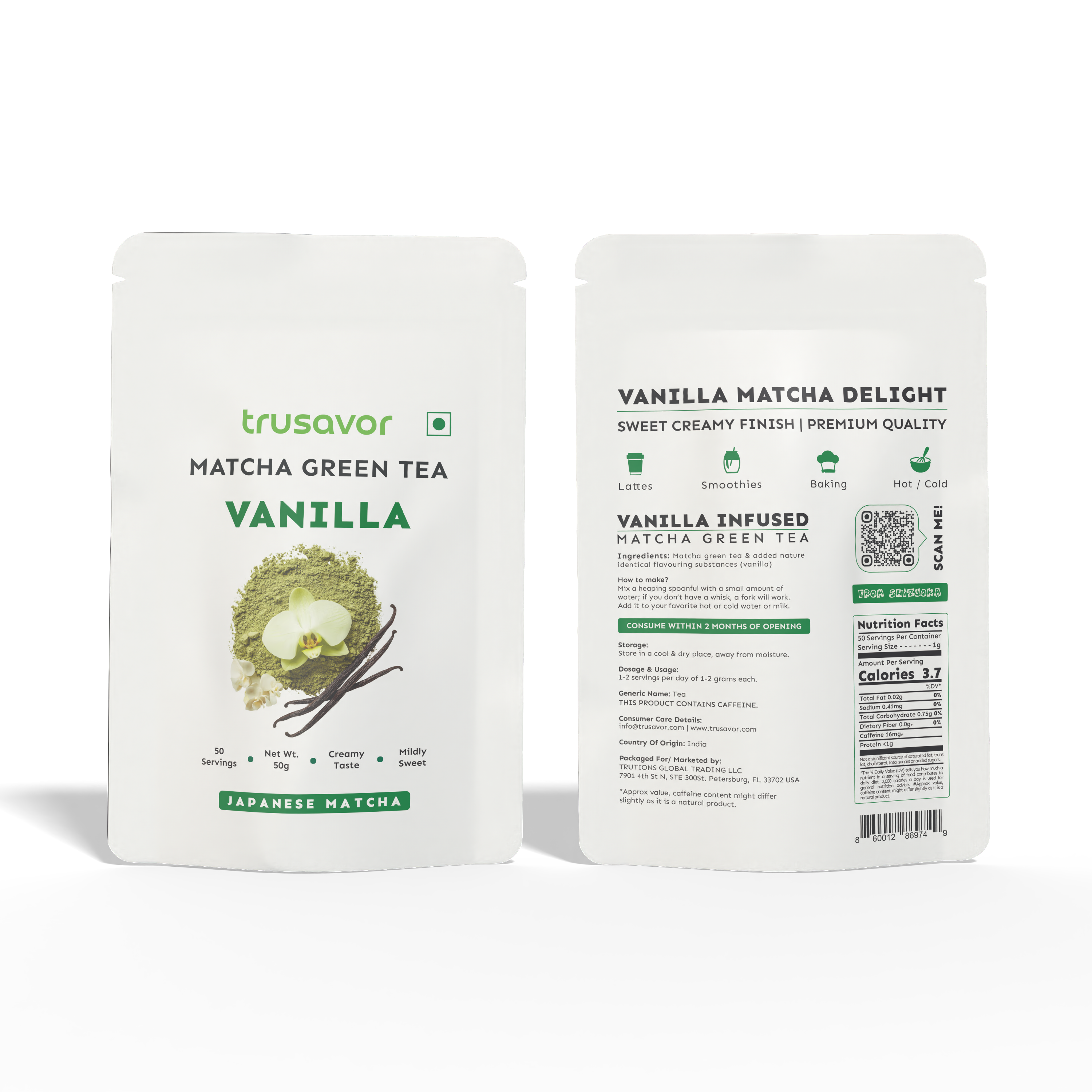 Vanilla Matcha Green Tea Powder | Delicious Vanilla Matcha Latte 50 Gram